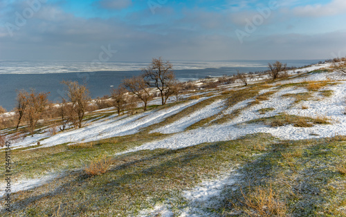 Winter panoramic landscape with Kakhovka Reservoir located on the Dnipro River near Skelki village  Ukraine