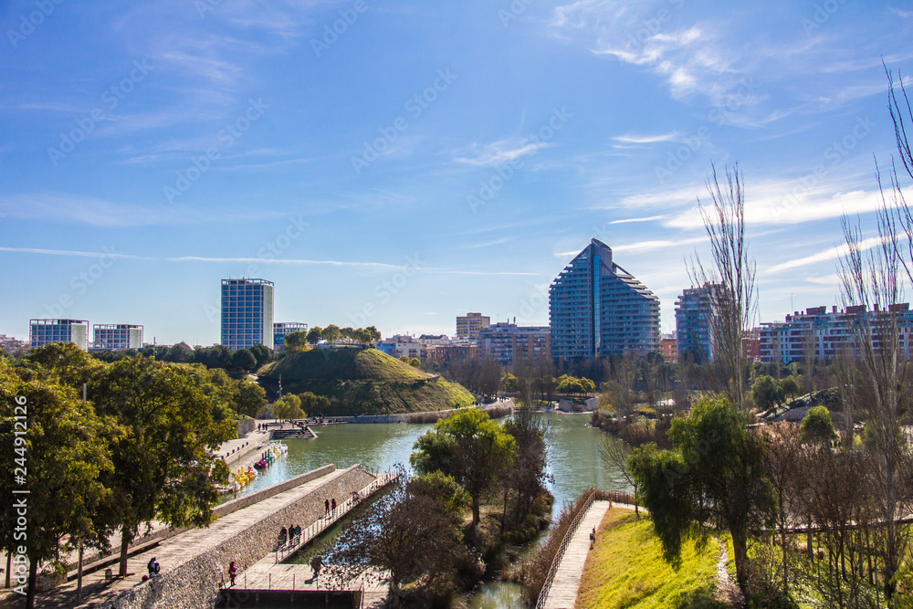 Panoramic view of Capcalera park in Valencia, Spain, in the Turia River