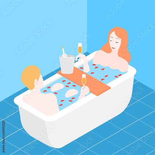 Man and woman taking bubbled bath with rose petals and drinking champagne. Romantic date in Isometric wellness hotel bathroom. Couple in relationship. Happy valentine day spa