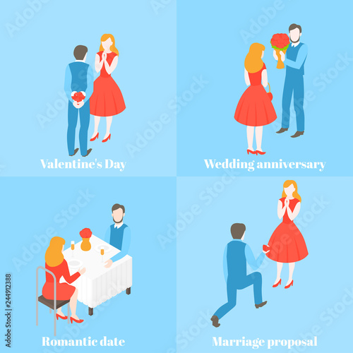 Valentine day celebration. Man giving gift and flower to woman. Love couple with present box. Wedding proposal and relationship anniversary. Romantic date set