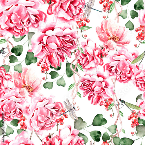 Watercolor pattern with rose and peony flower, currant berries and eucalyptus...