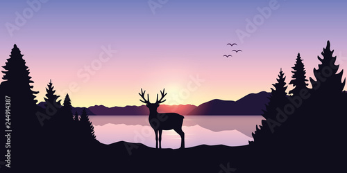 reindeer by the lake at beautiful sunrise nature landscape vector illustration EPS10