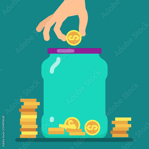 Flat money saving concept with golden coins and jar vector illustration. Illustration of save dollar in glass jar, moneybox with money