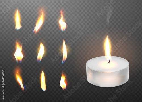 Burning realistic 3d candle light and different flame of a candle icon set closeup isolated on transparent background. Tea candle or candle in a case. Vector illustration.