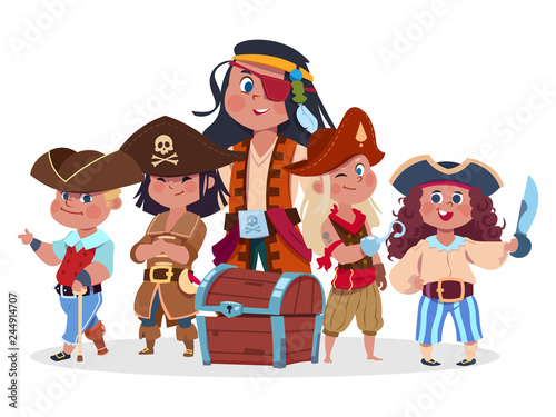 Pirates kids team and treasure chest vector isolated on white background. Crew of pirate, buccaneer character with chest illustration