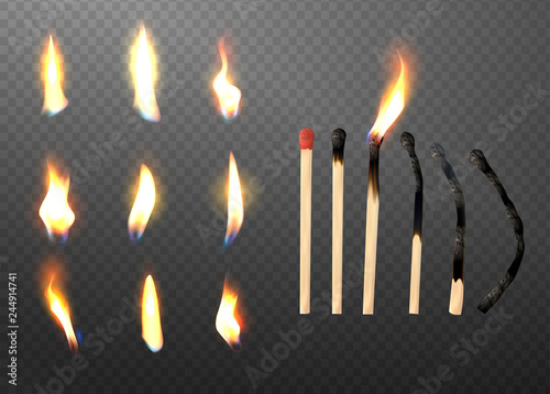 Realistic 3d match stick and different flame icon set, closeup isolated on transparent background. Whole and burnt matchstick. Stages of burning the match. Symbol of ignition. Vector illustration. photo