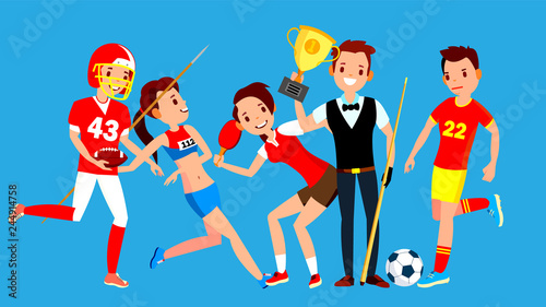 Athlete Set Vector. Man, Woman. American Football, Athletics, Table Tennis, Snooker, Soccer. Group Of Sports People In Uniform, Apparel. Sportsman Character In Game Action. Flat Cartoon Illustration