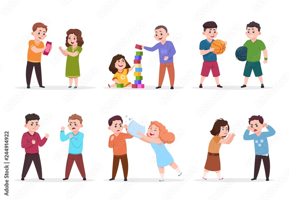 Kids behavior. Bad boys and girls confronting and bullying smaller children. Good friendly kids play together vector characters. Illustration of girl and boy play friendly together Kids behavior. Bad boys and girls confronting and bullying smaller children. Good friendly kids play together vector characters. Illustration of girl and boy play friendly together