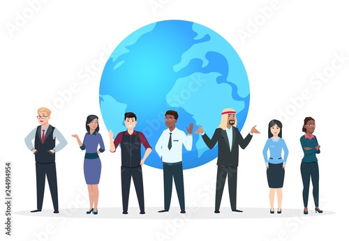 Professional team. Asian, european and african business people standing at world globe. International business vector concept. Illustration of team people, teamwork businessman group