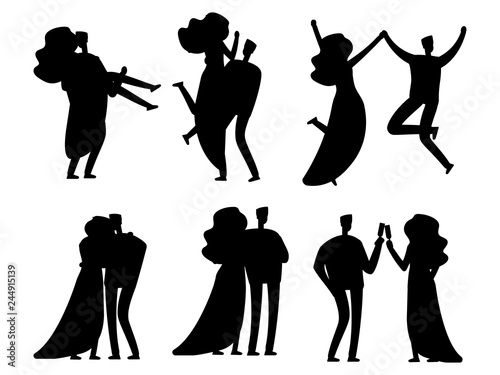 Happy married couples sihouettes vector design isolated. Silhouette couple black, wedding marriage female and male illustration photo