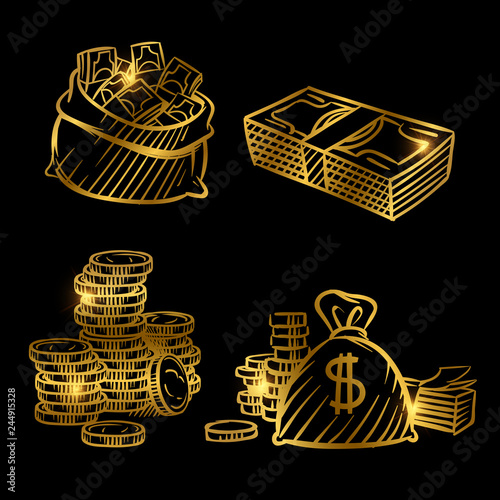 Sketch of money. Golden vector coins and money isolated on black background. Illustration of money golden sketch, gold cash coin