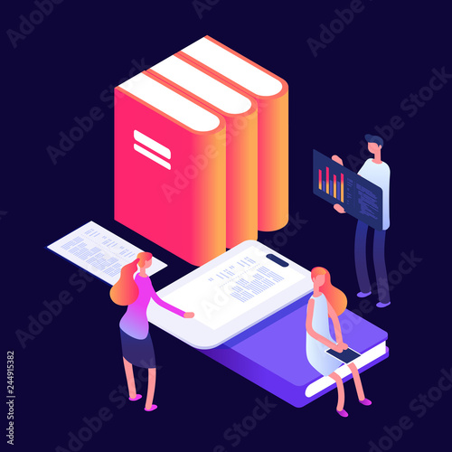 Online and self education vector concept with books and people. Education and study with e-book, online teaching illustration