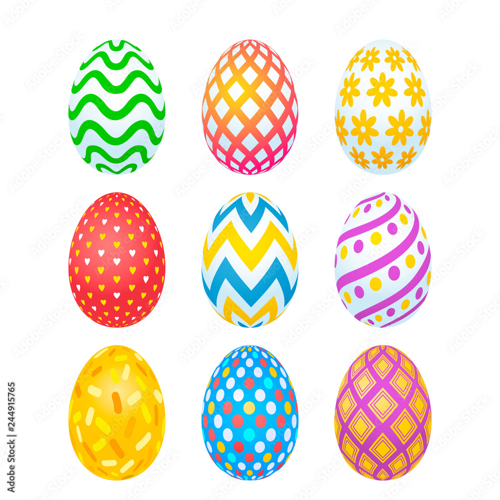 Happy easter. Set of realistic Easter eggs with different texture and ornament on a white background. Spring holiday.