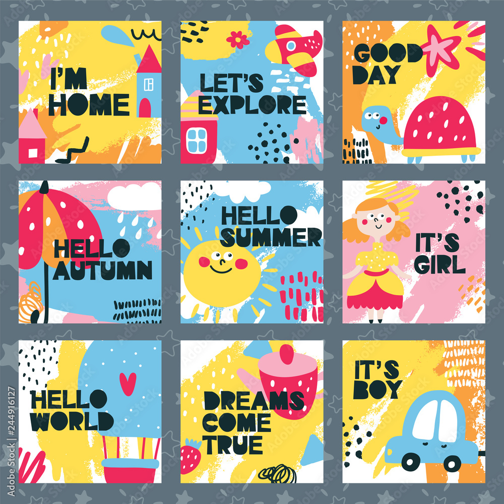 Fototapeta premium Set of baby cards with home, color, car, girl, boy, world, umbrella, turtle, summer ballon, cute, kid