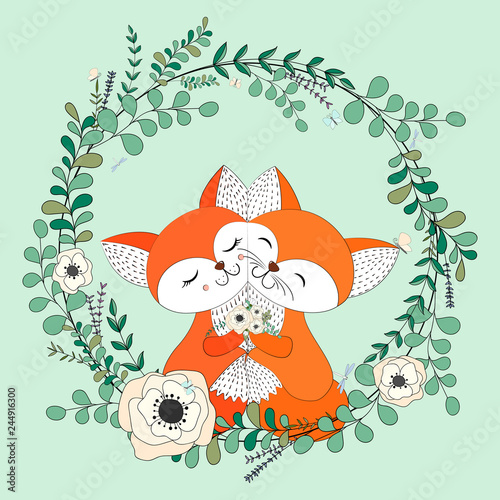 Vector eucalyptus and flower wreath. Greeting card. Hand drawn vector illustration with cute fox in flowers
