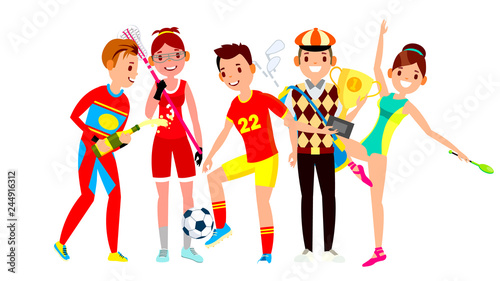 Athlete Set Vector. Man, Woman. Lacrosse, Soccer, Golf, Gymnastics. Group Of Sports People In Uniform, Apparel. Sportsman Character In Game Action. Flat Cartoon Illustration