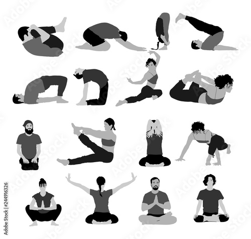 Yoga poses vector silhouette illustration isolated on white background. Woman and man exercises physiotherapy treatment in rehabilitation center. Gym healthy activity. Workout training, sport stretch.