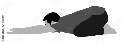 Sport man exercises yoga. Yoga pose vector illustration isolated. Active boy in gym stretching and worming up. Health care activity. Lying down exercise in rehabilitation center. Medical treatment.