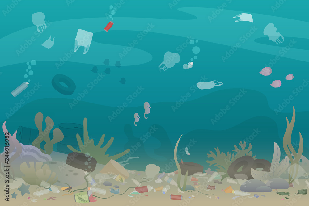Plastic pollution trash under the sea with different kinds of garbage -  plastic bottles, bags, wastes. Eco, water pollution concept. Garbage in the  ocean flat vector illustration. Stock Vector | Adobe Stock