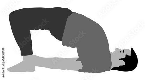 Sport man exercises yoga. Yoga pose vector illustration isolated. Active boy in gym stretching and worming up. Health care activity. Lying down exercise in rehabilitation center. Medical treatment.