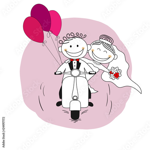 Just married couple on a scooter leaving for honeymoon - vector illustration