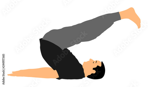 Sport man exercises yoga. Yoga pose vector illustration isolated. Active boy in gym stretching and worming up. Health care activity. Lying down exercise in rehabilitation center. Medical treatment.