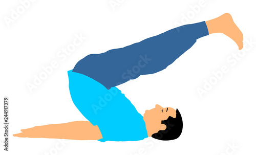 Sport man exercises yoga. Yoga pose vector illustration isolated. Active boy in gym stretching and worming up. Health care activity. Lying down exercise in rehabilitation center. Medical treatment.