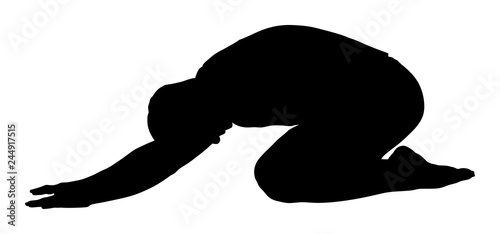 Sport man exercises yoga. Yoga pose vector silhouette isolated. Active boy in gym stretching and worming up. Health care activity. Lying down exercise in rehabilitation center. Medical treatment.