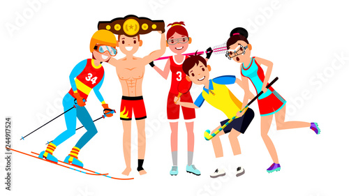 Athlete Set Vector. Man, Woman. Skiing, Boxing, Lacrosse, Table Tennis, Field Hockey. Group Of Sports People In Uniform, Apparel. Sportsman Character In Game Action. Flat Cartoon Illustration