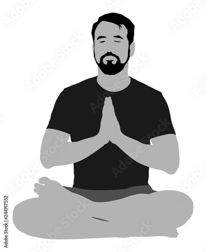 Sport man exercises yoga. Yoga pose vector illustration isolated. Active boy in gym stretching and worming up. Health care activity. Lying down exercise in rehabilitation center. Medical treatment.