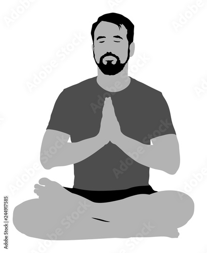 Sport man exercises yoga. Yoga pose vector illustration isolated. Active boy in gym stretching and worming up. Health care activity. Lying down exercise in rehabilitation center. Medical treatment.