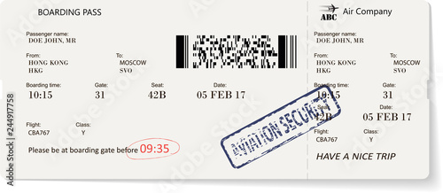 Realistic airline ticket design with not real text information. Vector illustration
