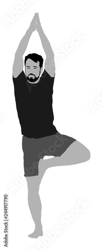 Sport man exercises yoga. Yoga pose vector illustration isolated. Active boy in gym stretching and worming up. Health care activity. Lying down exercise in rehabilitation center. Medical treatment.