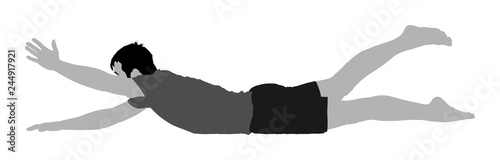 Sport man exercises yoga. Yoga pose vector illustration isolated. Active boy in gym stretching and worming up. Health care activity. Lying down exercise in rehabilitation center. Medical treatment.