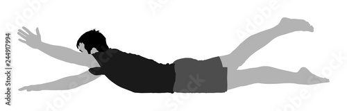 Sport man exercises yoga. Yoga pose vector illustration isolated. Active boy in gym stretching and worming up. Health care activity. Lying down exercise in rehabilitation center. Medical treatment.