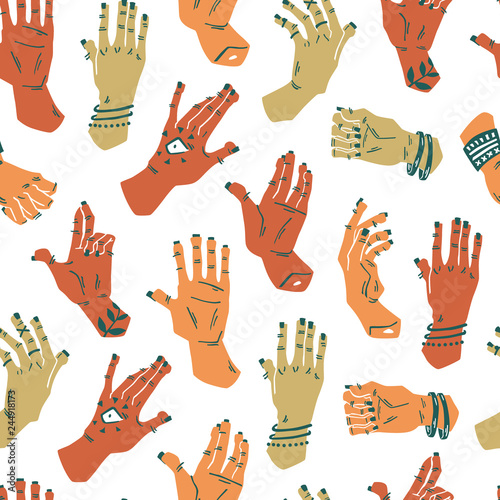 Woman's Hand Seamless Background. Hand Drawn Vector Illustration.