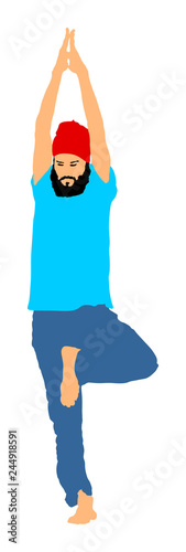 Sport man exercises yoga. Yoga pose vector illustration isolated. Active boy in gym stretching and worming up. Health care activity. Lying down exercise in rehabilitation center. Medical treatment.