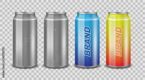 Aluminum can empty and with label. Realistic can with water drops for beer, juice or energy drink mockup isolated. Vector template for your design.