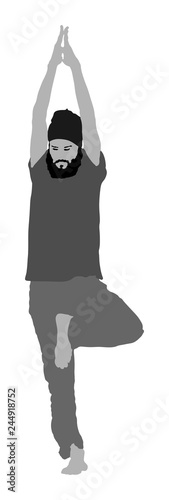 Sport man exercises yoga. Yoga pose vector illustration isolated. Active boy in gym stretching and worming up. Health care activity. Lying down exercise in rehabilitation center. Medical treatment.