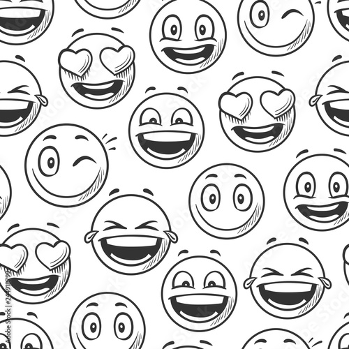 Positive smiling faces background, emoticons sketch line seamless pattern vector illustration