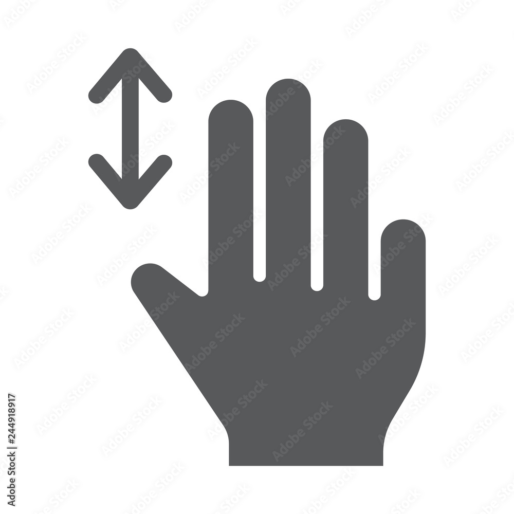 Three fingers vertical scroll glyph icon, gesture and hand, flick sign, vector graphics, a solid pattern on a white background. Three fingers vertical scroll glyph icon, gesture and hand, flick sign, vector graphics, a solid pattern on a white background.