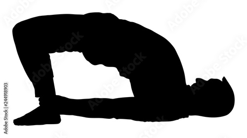 Sport man exercises yoga. Yoga pose vector silhouette isolated. Active boy in gym stretching and worming up. Health care activity. Lying down exercise in rehabilitation center. Medical treatment.