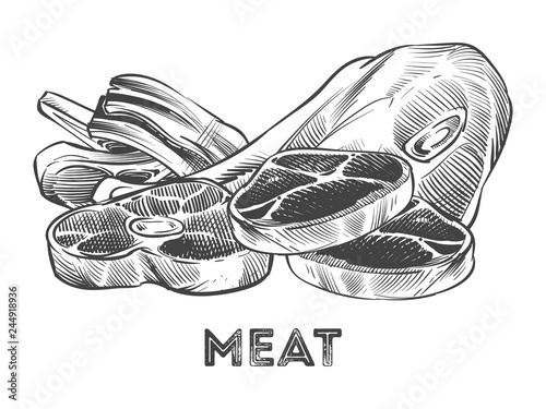 Hand drawn steak, ribs, fresh meat isolated on white background. Vector illustration