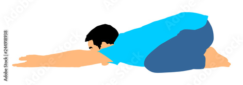 Sport man exercises yoga. Yoga pose vector illustration isolated. Active boy in gym stretching and worming up. Health care activity. Lying down exercise in rehabilitation center. Medical treatment.