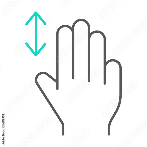 Three fingers vertical scroll thin line icon, gesture and hand, flick sign, vector graphics, a linear pattern on a white background.