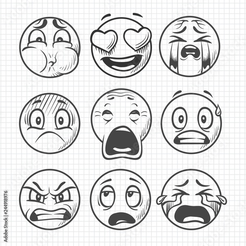 Hand drawn dissatisfied sad faces, smiles vector set isolated on white background illustration