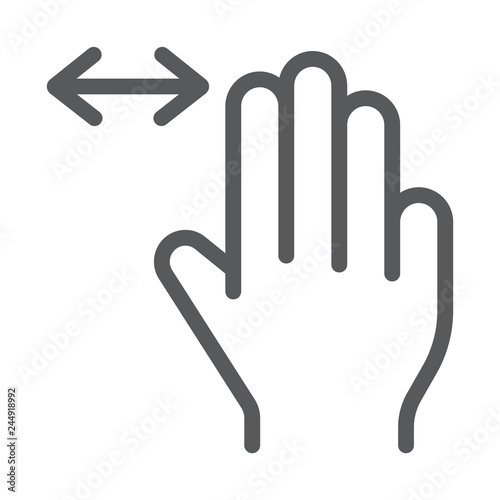 Three fingers horizontal scroll line icon, gesture and hand, flick sign, vector graphics, a linear pattern on a white background.