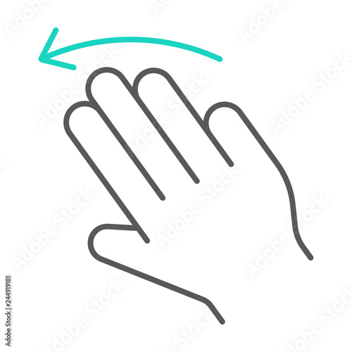 Three fingers flick left thin line icon, gesture and hand, click sign, vector graphics, a linear pattern on a white background.