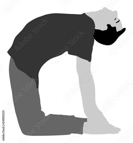 Sport man exercises yoga. Yoga pose vector illustration isolated. Active boy in gym stretching and worming up. Health care activity. Lying down exercise in rehabilitation center. Medical treatment.