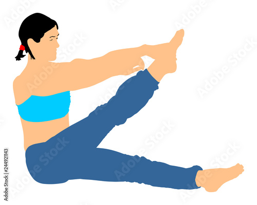 Woman exercises yoga, Yoga pose vector illustration isolated on white background. Young woman morning practice in gym. Ballet girl pose.Work out, worming up, spirit exercise.
